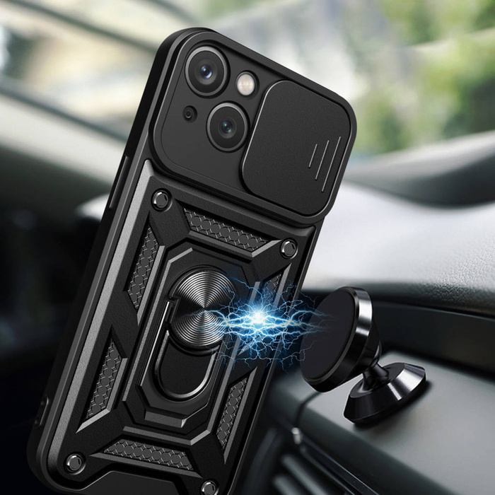 Etui Pancerne etui z podstawką i osłoną aparatu do iPhone 15 Plus Hybrid Armor Camshield - różowe Case