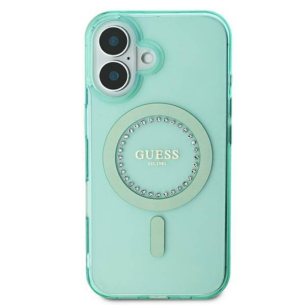 Etui Guess iPhone 16 6.1" zielony/green hardcase IML Rhinestones MagSafe