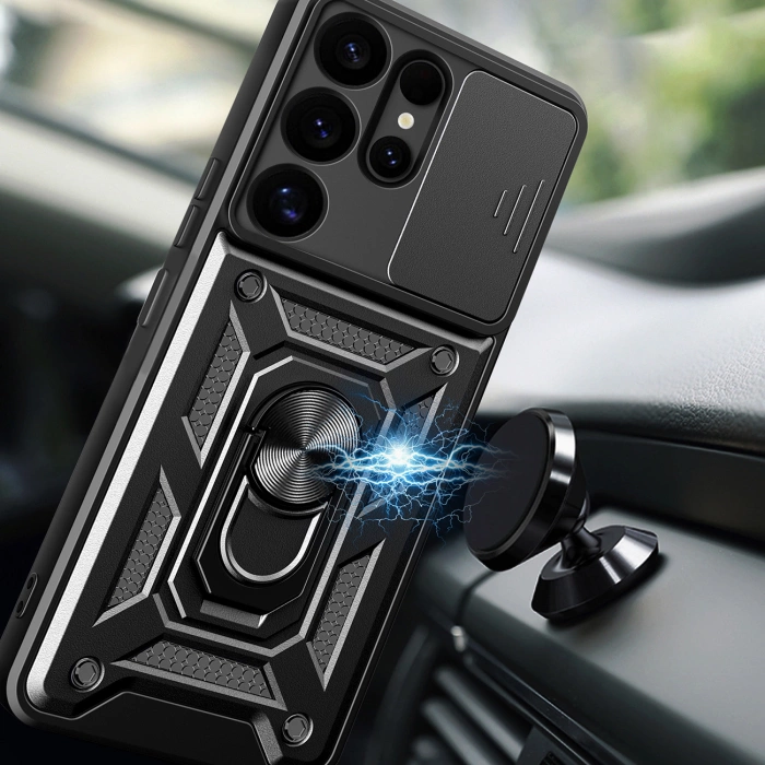 Etui pancerne Hybrid Armor Camshield z osłoną aparatu i metalowym ringiem do Samsung Galaxy S25 Ultra - czarne