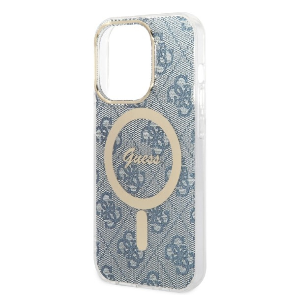 Zestaw Etui Guess Case+ Charger iPhone 14 Pro Max 6,7" niebieski/blue hard case 4G Print MagSafe