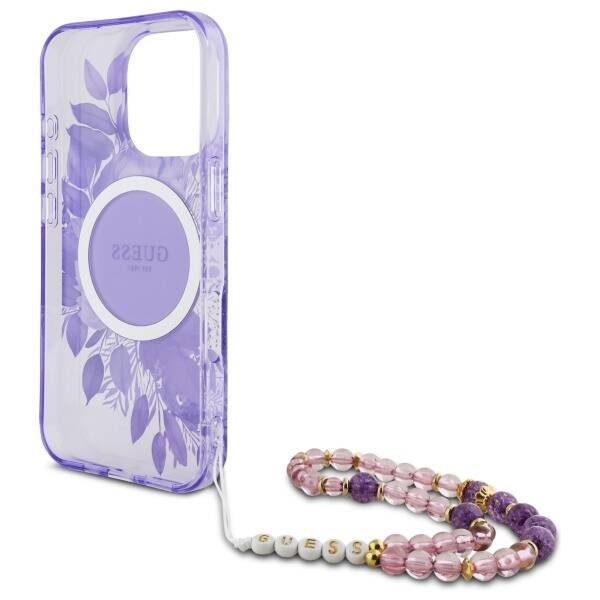 Etui Guess iPhone 16 Pro 6.3" fioletowy/purple hardcase IML Flowers With Pearl Strap MagSafe