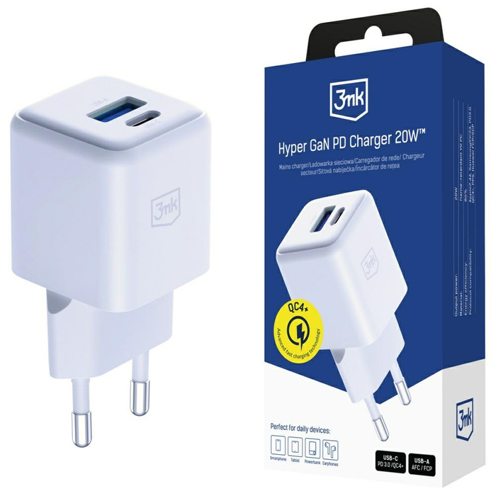 Ładowarka sieciowa 3MK Hyper GaN Charger 20W 1xUSB-A 1XUSB-C PD QC4+ biały