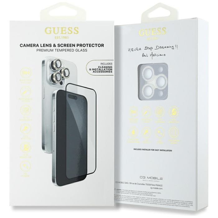Zestaw 2w1 Guess BP Rhinestone szkło na   ekran i obiektyw aparatu do iPhone 16 Pro Max złoty