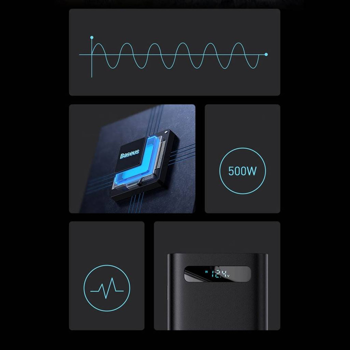 Baseus samochodowa przetwornica inwerter prądu 150W 12V / 500W  220V (wtyczka EU i CN) czarny (CGNB000101)