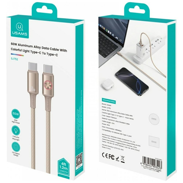 Kabel USAMS Huan Series SJ752 60W USB-C  do USB-C 1,2 m tytanowy