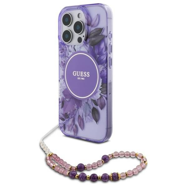 Etui Guess iPhone 16 Pro Max 6.9" fioletowy/purple hardcase IML Flowers With Pearl Strap MagSafe