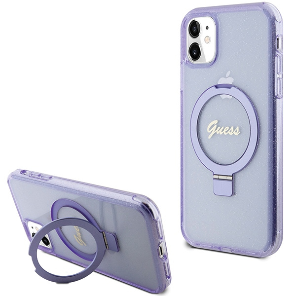 Etui Guess GUHMN61HRSGSU iPhone 11 / Xr 6.1" fioletowy/purple hardcase Ring Stand Script Glitter MagSafe Case