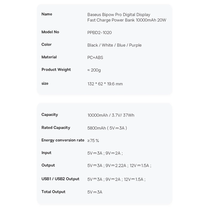 Powerbank Baseus Bipow Pro 10000mAh 20W fioletowy z kablem USB Typu A - USB Typu C 3A 0.3m (PPBD040205)