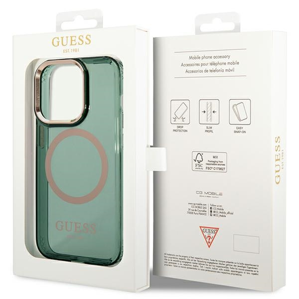 Etui Guess GUHMP14LHTCMA iPhone 14 Pro 6.1" zielony/khaki hard case Gold Outline Translucent MagSafe Case