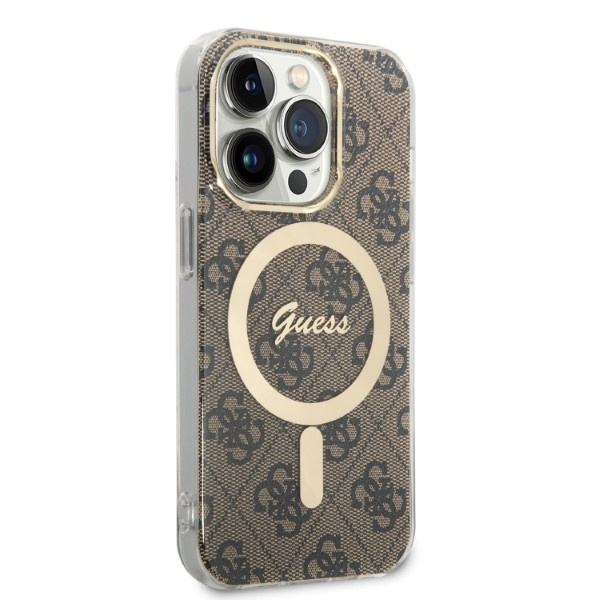 Zestaw Etui Guess Case+ Charger iPhone 14 Pro 6,1" brązowy/brown hard case 4G Print MagSafe