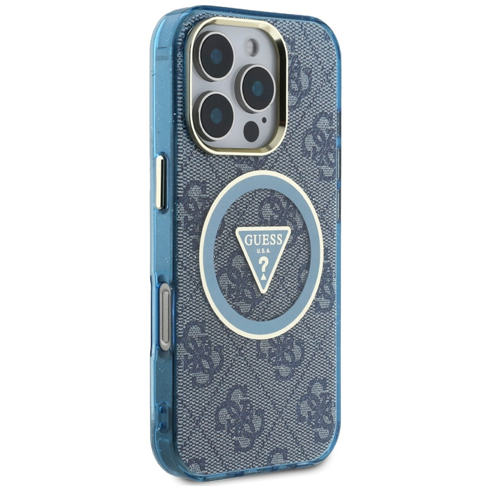 Etui Guess IML Metal Glitter 4G Circle   Triangle MagSafe do iPhone 16 Pro Max niebieski