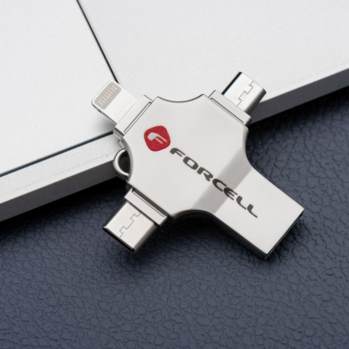 Pendrive 64GB USB 3.2 Gen 1 (USB A / USB C / Lightning / Micro USB) Forcell F-Data Metal Quad srebrny