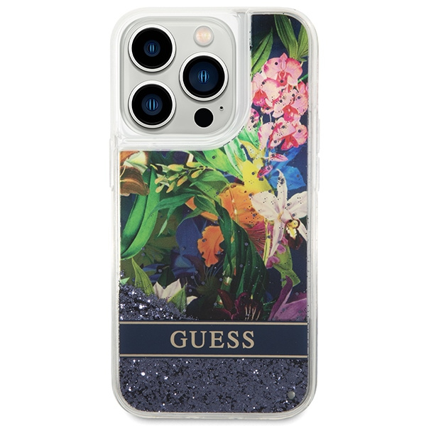 Etui GUESS Apple iPhone 14 Pro Flower Liquid Glitter Niebieski Hardcase