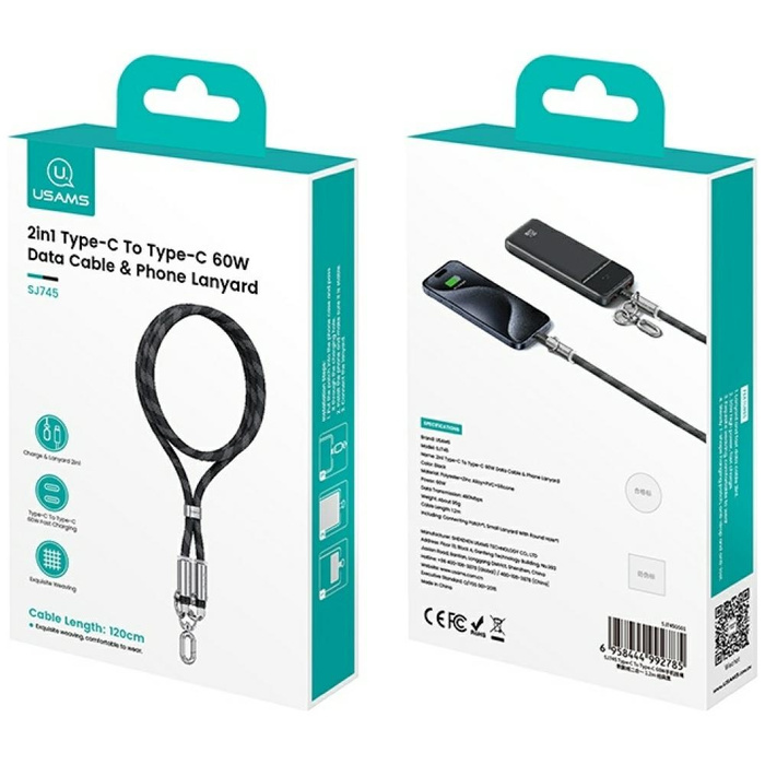 Smycz do telefonu z kablem do ładowania  Usams SJ745 60W USB-C do USB-C 1.2m różowy