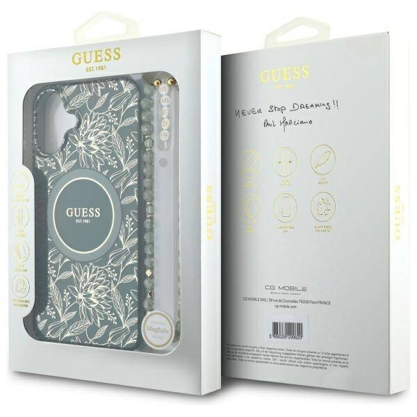 Etui Guess iPhone 16 Plus 6.7" zielony/green hardcase IML Flowers Allover Electro With Pearl Strap MagSafe