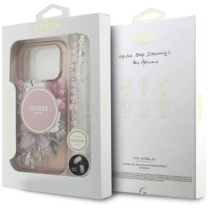 Etui Guess IML Flowers Pearl Strap       MagSafe do iPhone 17 Pro różowy