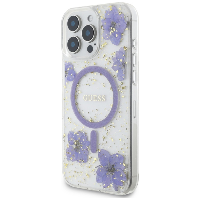 Etui Guess Resin Flowers MagSafe do      iPhone 16 Pro Max fioletowy