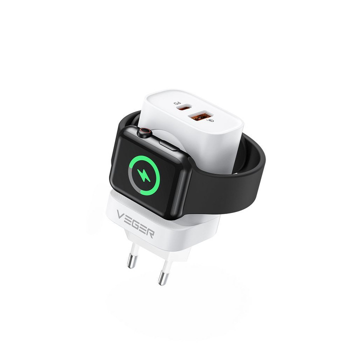 Ładowarka sieciowa do telefonu VEGER USB A + Typ C + ładowarka indukcujna kompatybilna z Apple Watch PD QC3.0 3A 25W W002E biała