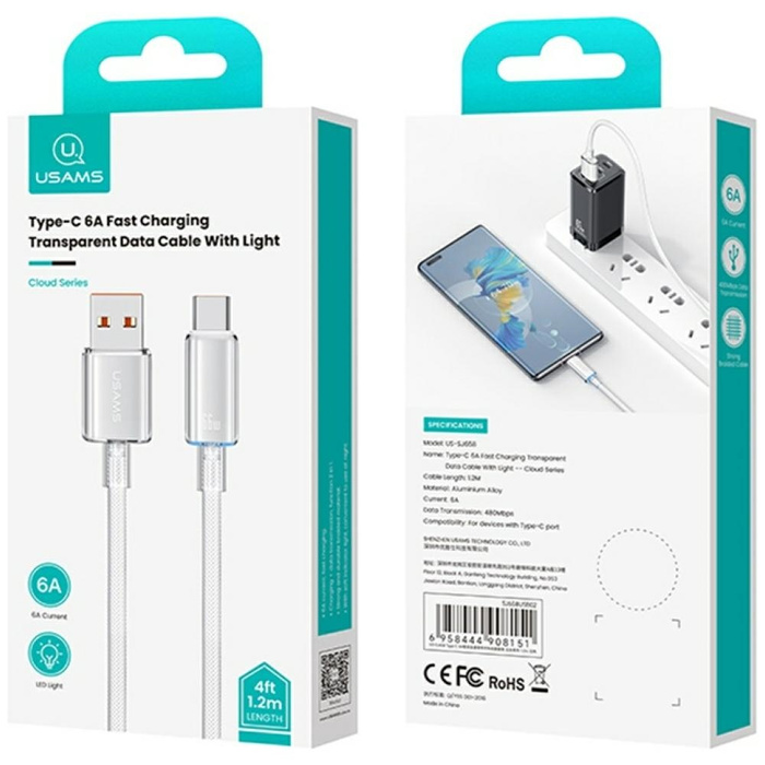 Kabel USAMS Cloud Series US-SJ658 6A     USB-A do USB-C 1,2m różowy