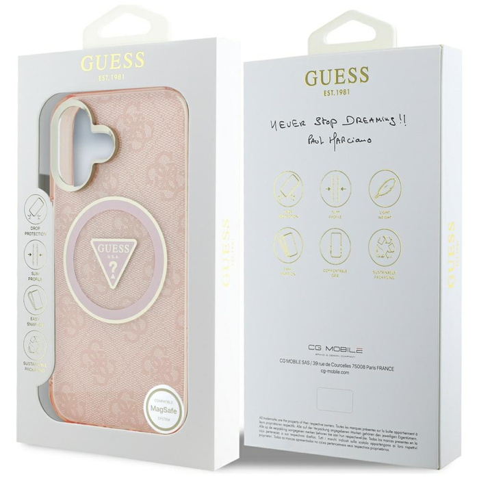 Etui Guess IML Metal Glitter 4G Circle   Triangle MagSafe do iPhone 16 różowy