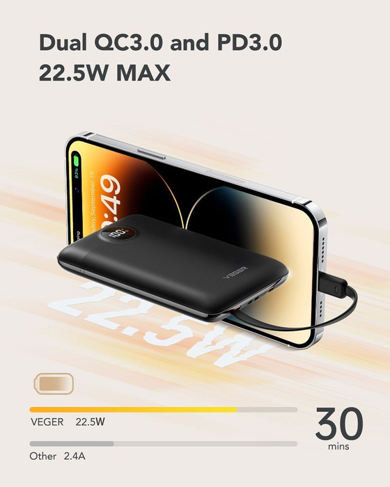 VEGER powerbank 10000 mAh z wbudowanymi kablami Typ C / Lightning PD QC3.0 2A 22,5W C11 (W1170) czarny