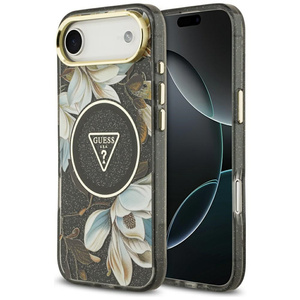 Etui Guess IML Glitter Flowers Triangle  MagSafe do iPhone Air czarny