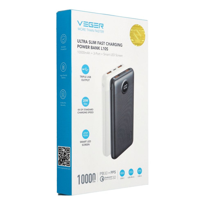 Powerbank Veger L10S (W1105PD) PD QC3.0 2A 20W 10000 mAh biały