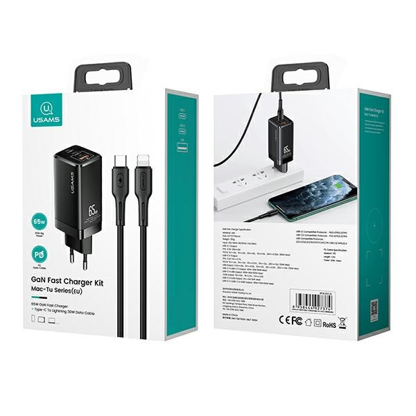 Ładowarka Sieciowa USAMS 2xUSB-C USB-A GaN 65W MT PD Kabel USB-C Apple Lightning 30W Fast Charging MTXLOGTL01 Czarny