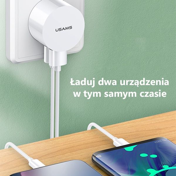Ładowarka sieciowa USAMS 2xUSB Kabel USB-C 2,1A Fast Charging Biały