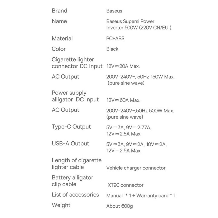 Baseus samochodowa przetwornica inwerter prądu 150W 12V / 500W  220V (wtyczka EU i CN) czarny (CGNB000101)
