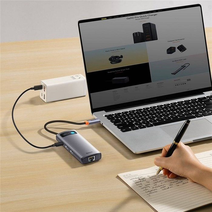 Baseus Metal Gleam Series stacja dokująca HUB 7 w 1 USB Typ C - 2 x HDMI /  3 x USB 3.2 Gen. 1 / 1 x Power Delivery / 1 x RJ-45 Ethernet szary (WKWG040113)