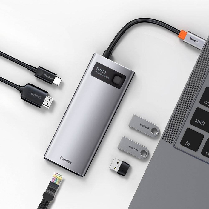 Baseus Metal Gleam 6w1 wielofunkcyjny hub USB Typ C - USB Typ C Power Delivery 100 W / HDMI 4K 30 Hz / 3x USB 3.2 Gen 1 / RJ45 1 Gbps Szary (CAHUB-CW0G)