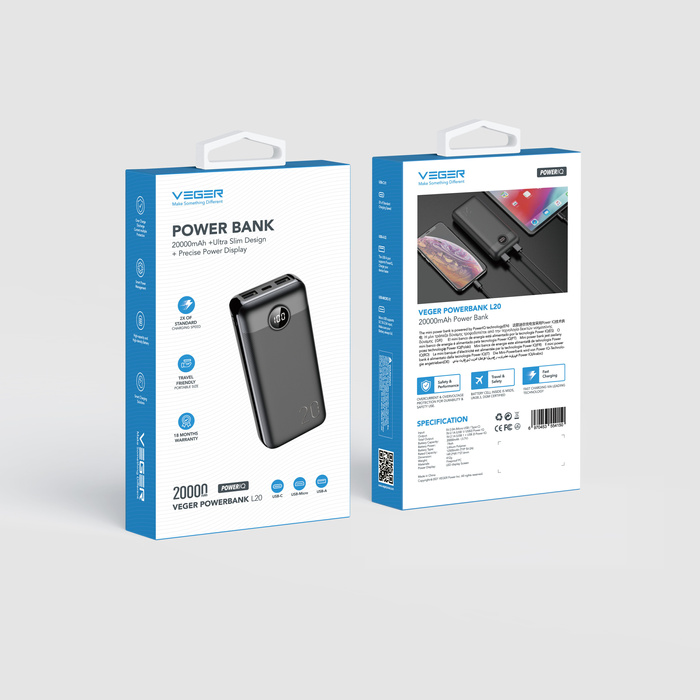 VEGER powerbank 20000 mAh PD QC3.0 2A 20W L20S (VP2039PD / W2039PD) czarny
