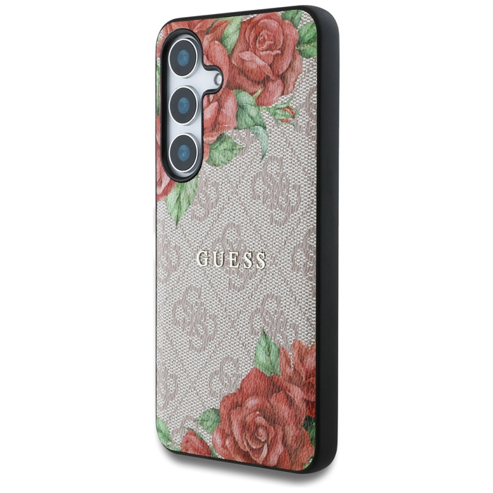 Etui Guess Leather 4G Flowers Print       Metal Classic Logo MagSafe Samsung Galaxy S25 różowy