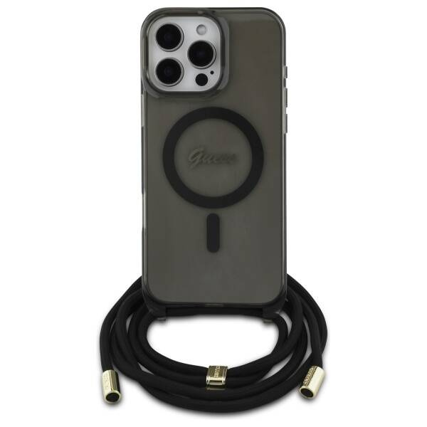 Etui Guess iPhone 16 Pro Max 6.9" czarny/black hardcase Crossbody Cord Script MagSafe