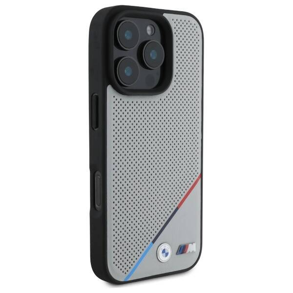 Etui BMW iPhone 16 Pro Max 6.9" szary/grey hardcase M Perforated Tricolor Line MagSafe