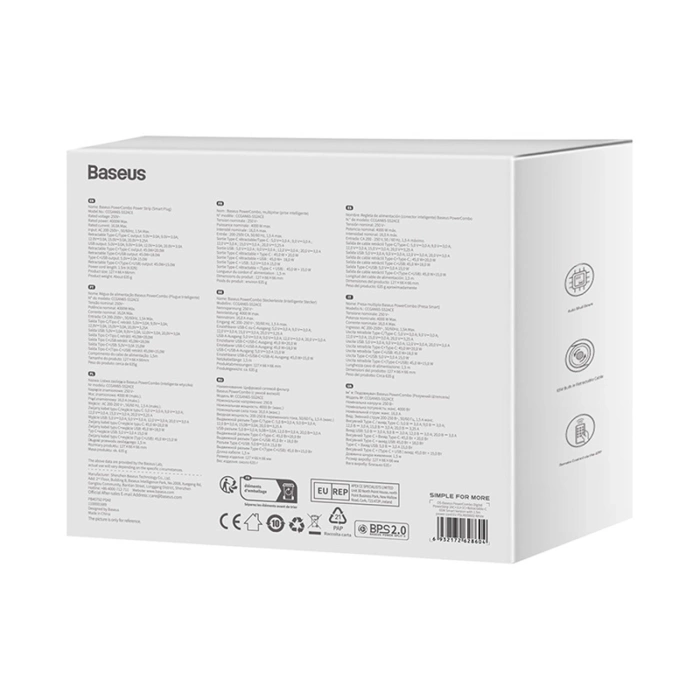 Stacja łądująca Baseus PowerCombo 65W 1.5m 2 x EU + USB-A + USB-C + zwijany kabel USB-C - biała