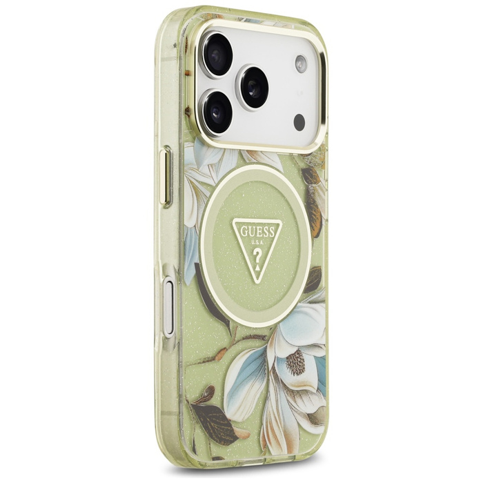 Etui Guess IML Glitter Flowers Triangle  MagSafe do iPhone 17 Pro Max zielony