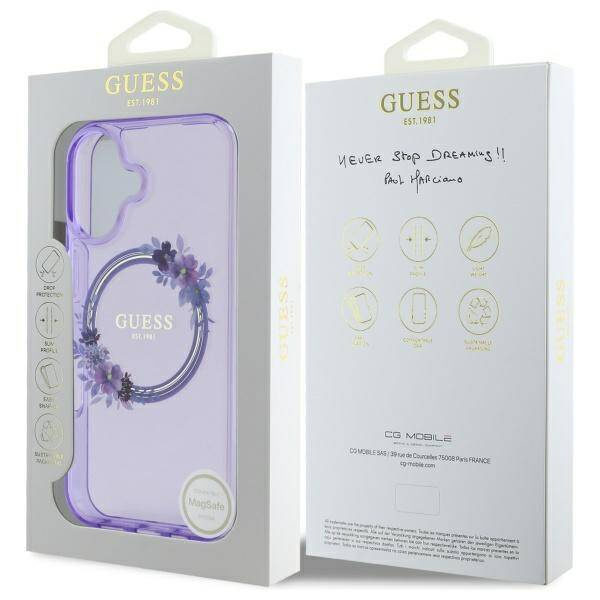 Etui Guess iPhone 16 6.1" fioletowy/purple hardcase IML Flowers Wreath MagSafe