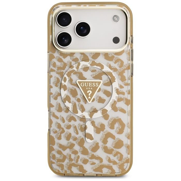Etui Guess Leopard Glitter MagSafe do    iPhone 17 Pro brązowy