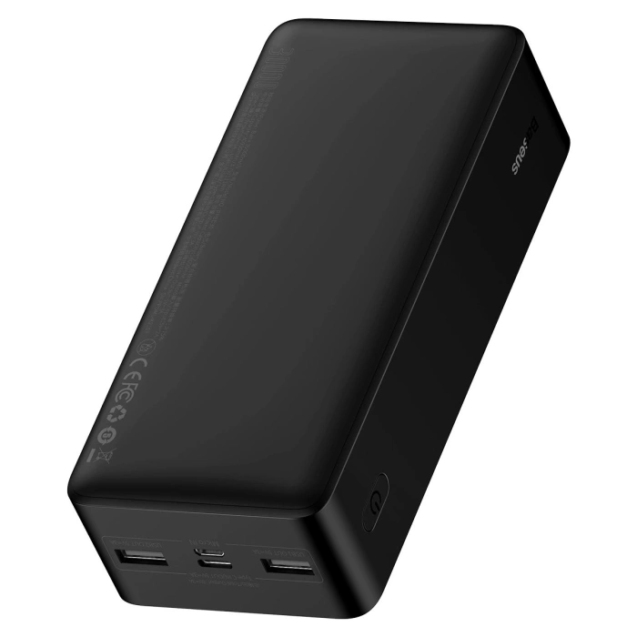 Zestaw powerbank 30000mAh 15W Baseus Bipow - czarny + kabel USB 4w1 microUSB / Lightning / 2 x USB-C - USB-A 1.2m - czarny