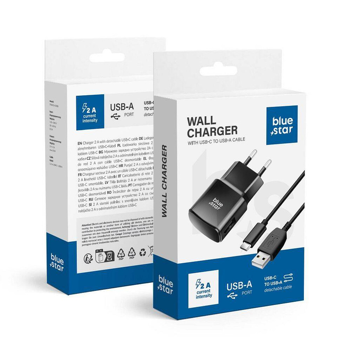 Ładowarka sieciowa do telefonu Blue Star USB A 2A 10W + kabel USB A do USB C TFK-TC-1100B czarna