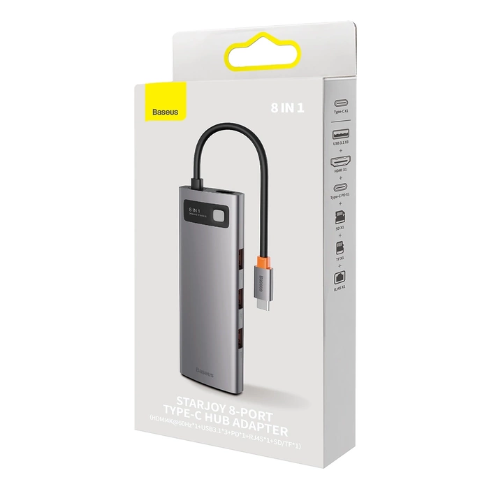 Hub 8w1 Baseus StarJoy Series, USB-C do HDMI + 3 x USB 3.1 + USB-C PD + RJ45 + microSD/SD