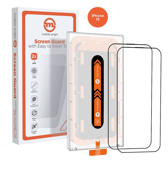 Mobile Origin Orange Screen Guard iPhone 15 with easy applicator, 2 pack