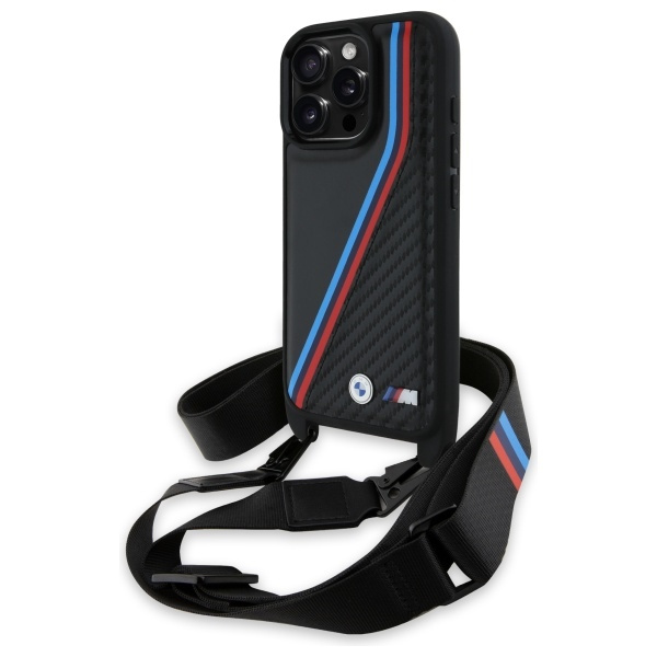 Etui BMW iPhone 16 Pro Max czarny/black hardcase M Edition Carbon Tricolor Lines & Strap