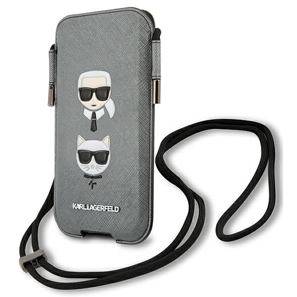 Torebka KARL LAGERFELD Telefon 6,1 Saffiano Ikonik Karl&Choupette Head Szary Hardcase