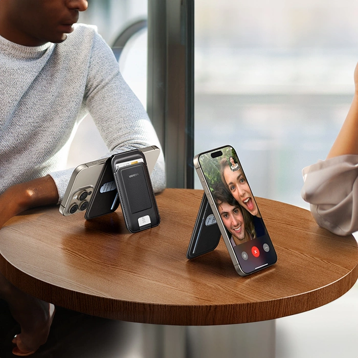 Portfel magnetyczny z funkcją podstawki do iPhone MagSafe, Ugreen LP836, skórzany (czarny)