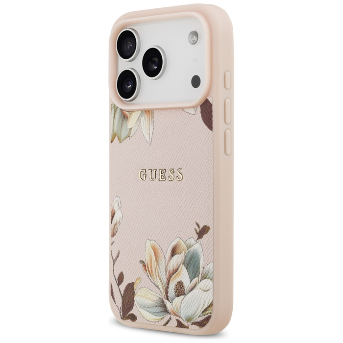 Etui Guess Grained Flowers Classic Logo  MagSafe do iPhone 17 Pro różowy