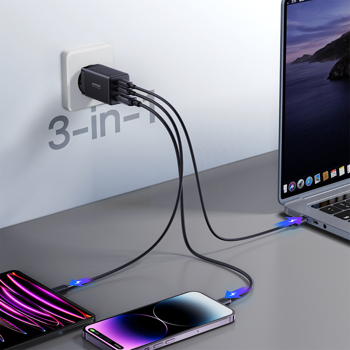 Joyroom szybka ładowarka GaN 65W USB, 2x USB C czarna + kabel USB C - USB C 100W 1.2m (TCG01)