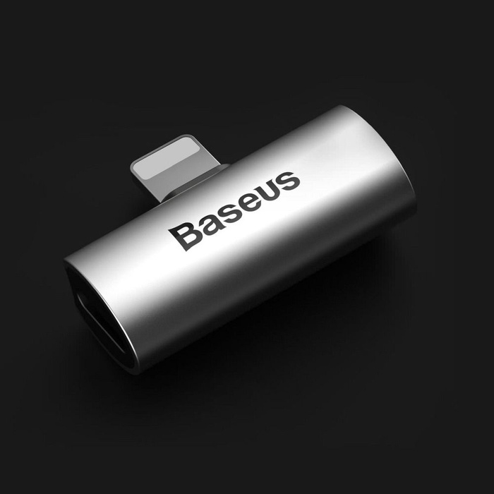 BASEUS adapter audio/HF z iPhone Lightning 8-pin na 2x do iPhone Lightning 8-pin CAL46-S1 srebrno - czarny